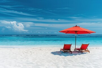 Poster - A serene beach scene with red lounge chairs and an umbrella under a clear blue sky.