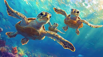 Poster - A cartoon sea turtle family swimming together, with baby turtles riding on their parents' backs, set in a colorful underwater scene.