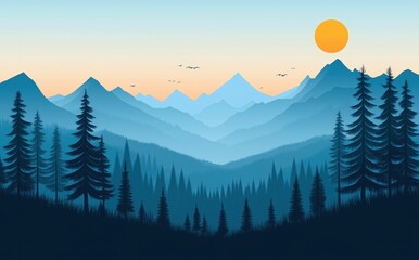 illustration of forest landscape with mountains, trees and sky in flat design style