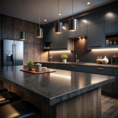 Empty dark countertop in modern kitchen with stylish lighting. Generative AI