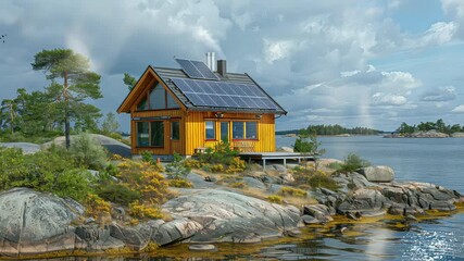 Wall Mural - animation solar-powered cabin by the lake in a rock landscape generated with ai