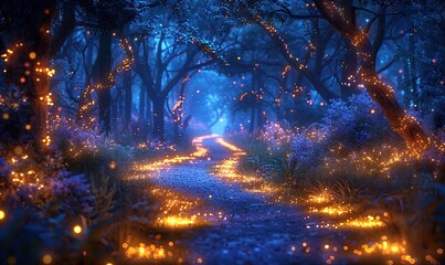 Wall Mural - an enchanting scene shows fireflies illuminating a forest clearing, casting a magical glow in the da