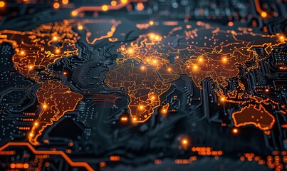 Tech conflict over the semiconductor supply chain is highlighted with integrated circuits and maps, illustrating geopolitical issues.