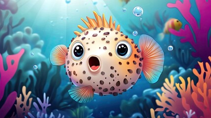 Wall Mural - A cute cartoon pufferfish puffed up into a round ball, with a surprised expression and colorful underwater background.