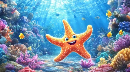 Wall Mural - A happy cartoon starfish waving from the ocean floor, surrounded by colorful coral and friendly fish.