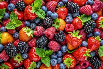 Wall Mural - Vibrant collection of ripe strawberries, blueberries, and blackberries in springtime. Generative AI