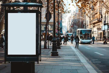 Wall Mural - A city street scene featuring a bus stop with an empty advertisement board.