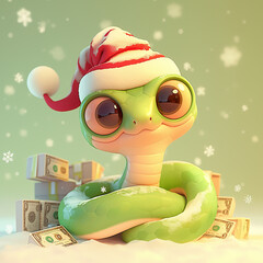 Sticker - 2025 green snake wearing a red Santa hat and surrounded by money. The snake is sitting on a pile of bills