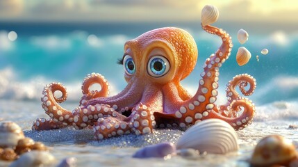 Poster - A playful cartoon octopus juggling seashells with its tentacles, set against a bright ocean backdrop.