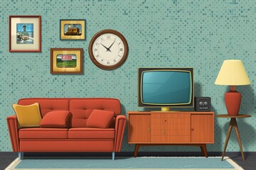 Sticker - A cozy retro living room featuring a sofa, clock, TV, and decorative items on the wall.