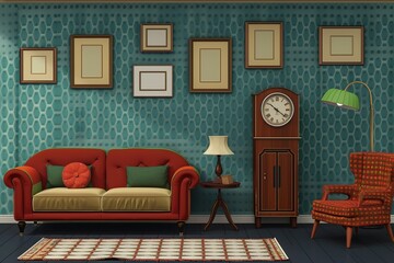 Poster - A cozy living room featuring a sofa, clock, and decorative elements on a textured wall.