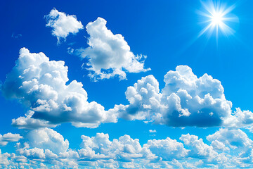 Wall Mural - Fluffy white clouds float across a bright blue sky with the sun shining brightly above suggesting a sense of divine hope and tranquility.