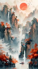 Traditional red sun landscape illustration poster background decorative painting