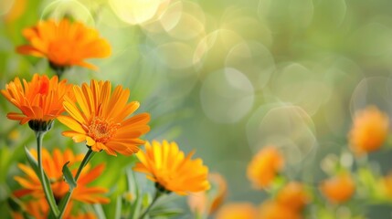 Calendula floral backdrop with bright orange flowers and space for text viewing horizontally