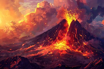 Sticker - A dramatic volcanic eruption with lava flowing and a colorful sunset backdrop.