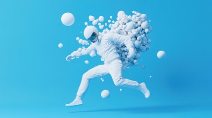 Poster - Dynamic figure in white suit with floating spheres on vibrant blue background, illustrating futuristic and creative motion.