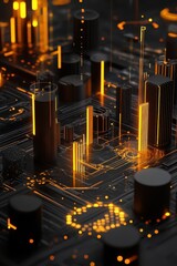 Aufkleber - Futuristic abstract circuit board with glowing orange lights representing advanced technology and data networks.