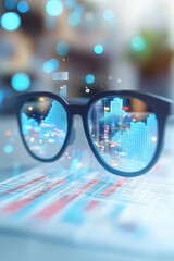 Poster - Modern black-rimmed glasses reflecting digital data charts, symbolizing technology, innovation, and business data analysis in a futuristic setting.