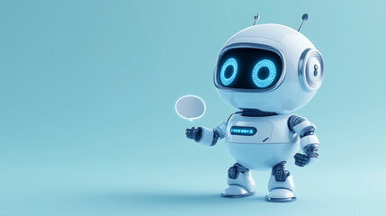 3D render of a cute white robot holding a speech bubble icon on a light blue background, shot from a low angle with soft lighting, simple design, high-resolution photography