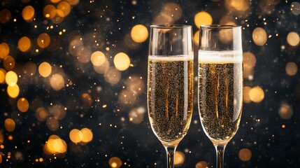 A close-up of two champagne glasses filled with bubbly beverage, set against a glittery, festive background adorned with warm bokeh lights, perfect for celebrations.