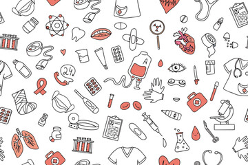 Seamless pattern of medical products, medicines, clothes, first aid kit in doodle style