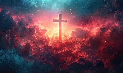 A colorful clouds background with a Christian cross symbol, representing spiritual themes.