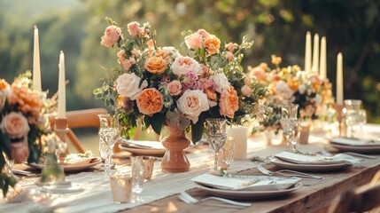 A beautifully set outdoor wedding table in a modern rustic style, adorned with elegant floral arrangements and candles.