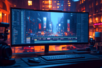 Fototapete - Video editing production studio work space computer monitor display for content creation