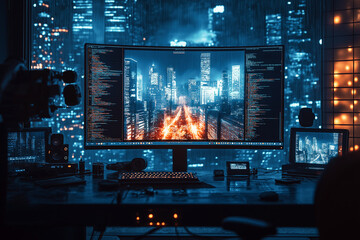 Fototapete - Video editing production studio work space computer monitor display for content creation