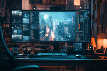 Fototapete - Video editing production studio work space computer monitor display for content creation