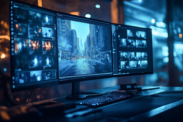 Fototapete - Video editing production studio work space computer monitor display for content creation