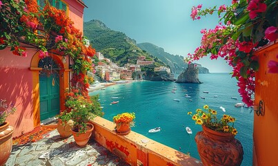 A summer day view of Positano, a famous Italian resort, with a retro tone.