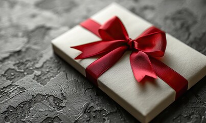 Wall Mural - A blank white gift card with a red ribbon bow, isolated on a gray background with a shadow.