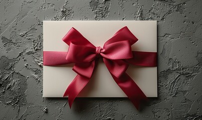 Wall Mural - A blank white gift card with a red ribbon bow, isolated on a gray background with a shadow.