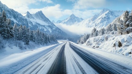 Wall Mural - Snow-covered road leading through a majestic mountain range, perfect for showcasing winter travel and the serene beauty of nature.