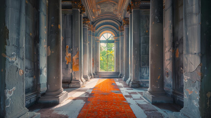 Interior of a historical building. A long dark corridor with gray walls, a large window at the end and an orange carpet spread out.