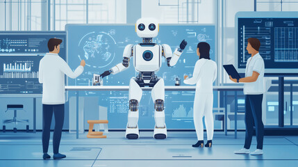 Poster - A futuristic laboratory with three people in white lab coats standing around an AI robot, working on blueprints and drawings of robots.