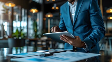 Poster - stylish businessman reviewing financial reports on tablet in modern office