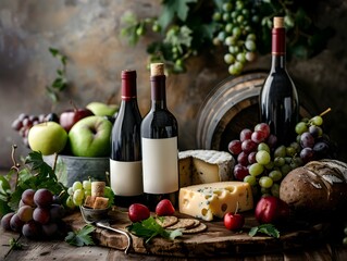 Rustic Wine Tasting Setup with Assorted Cheeses Fruits and Wine Bottles on Wooden Table