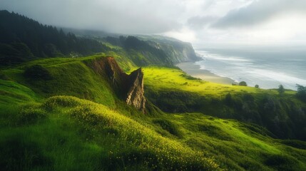 Canvas Print - A cliff overlooks a grassy coastline, with ocean and clouds in the background.