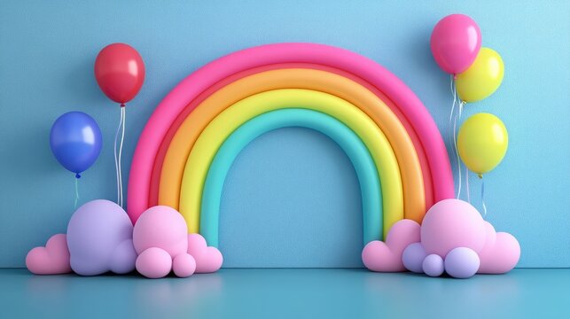 A 3D rainbow arching across a wall, with colorful balloons and clouds, creating a playful scene.