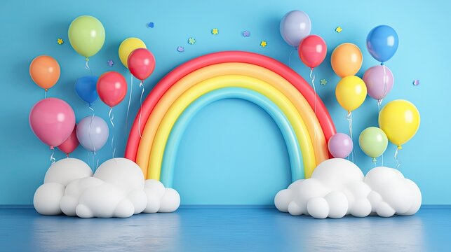 A 3D rainbow arching over a wall, surrounded by colorful balloons and fluffy clouds, festive and bright.