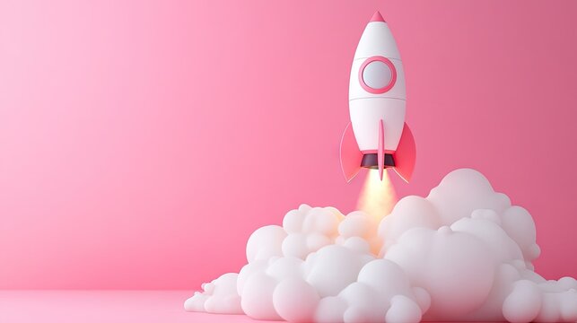 A 3D rocket lifting off from a pink background, representing innovation and the beginning of a startup.