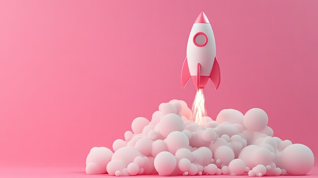 A 3D rocket shooting upward from a pink background, representing a new business venture or startup.