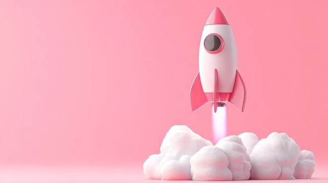 A 3D rocket shooting upward from a pink background, representing a new business venture or startup.