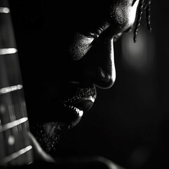 Wall Mural - A black and white close-up of a rapper's face, with the faint overlay of a guitarist's hands strumming chords, creating a powerful blend of musical worlds. 64k, UHD, High definition a?