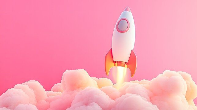 A 3D rocket soaring into the sky on a pink background, representing the upward trajectory of a startup.