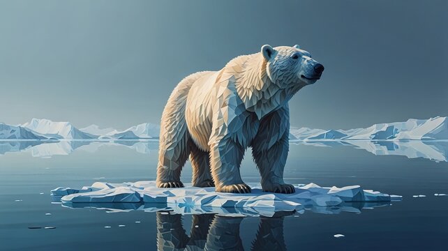 An abstract vector artwork of a majestic polar bear standing on a low-poly ice floe against a crisp icy blue background, using cool white and blue tones with flat 