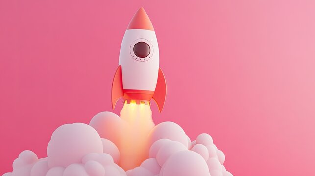 A 3D rocket soaring into the sky on a pink background, representing the upward trajectory of a startup.