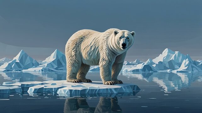 An abstract vector artwork of a majestic polar bear standing on a low-poly ice floe against a crisp icy blue background, using cool white and blue tones with flat outlines